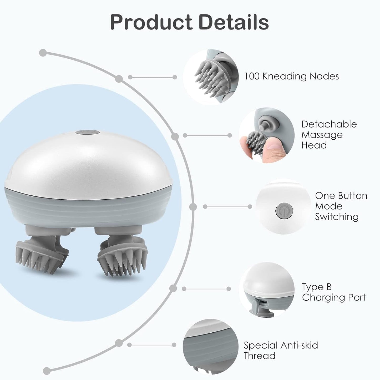X DAVIES Electric Head,Scalp Massager| Rechargeable Head Kneading Massage Machine| 3 Speed Mode Handheld,Scalp Body Massager for Hair Growth,Deep Clean & Stress Relaxation (White)