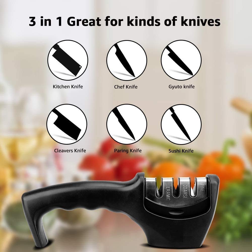 3-in-1 Manual Knife Sharpener for Kitchen – Sharpen Straight, Serrated & Scissor Blades | Tungsten Steel & Ceramic Sharpening System | Non-Slip Base, Ergonomic Handle, Extra Replaceable Head Included