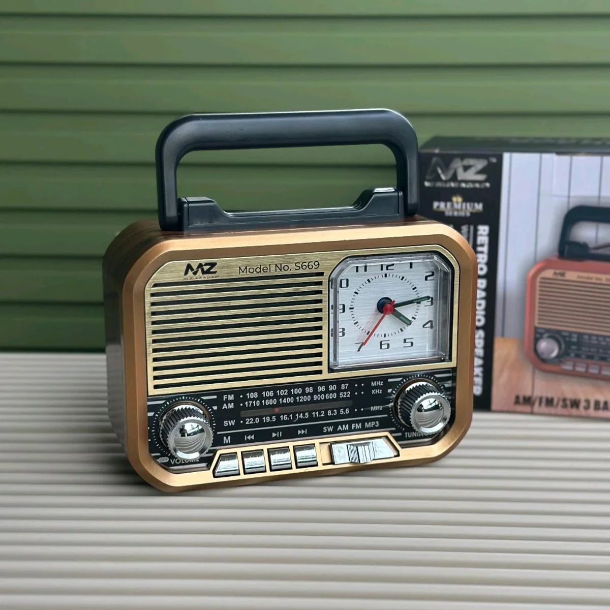 MZ S669 Retro Radio Speaker | AM/FM/SW 3 Band | Classic Clock + USB/TF/Rechargeable
