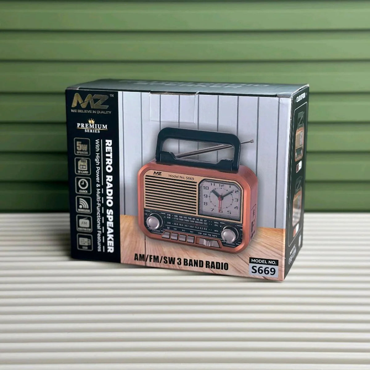 MZ S669 Retro Radio Speaker | AM/FM/SW 3 Band | Classic Clock + USB/TF/Rechargeable