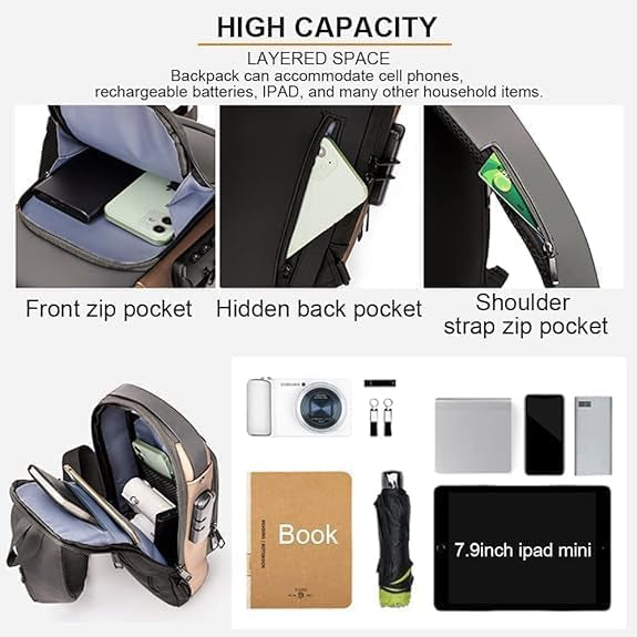 Anti Theft Backpack for Women, Sling Bag For Men CrossBody Backpack For Men Women, Anti-Theft Chest Bag With USB Charging Port, Waterproof Small Backpack for Outdoor Work Hiking