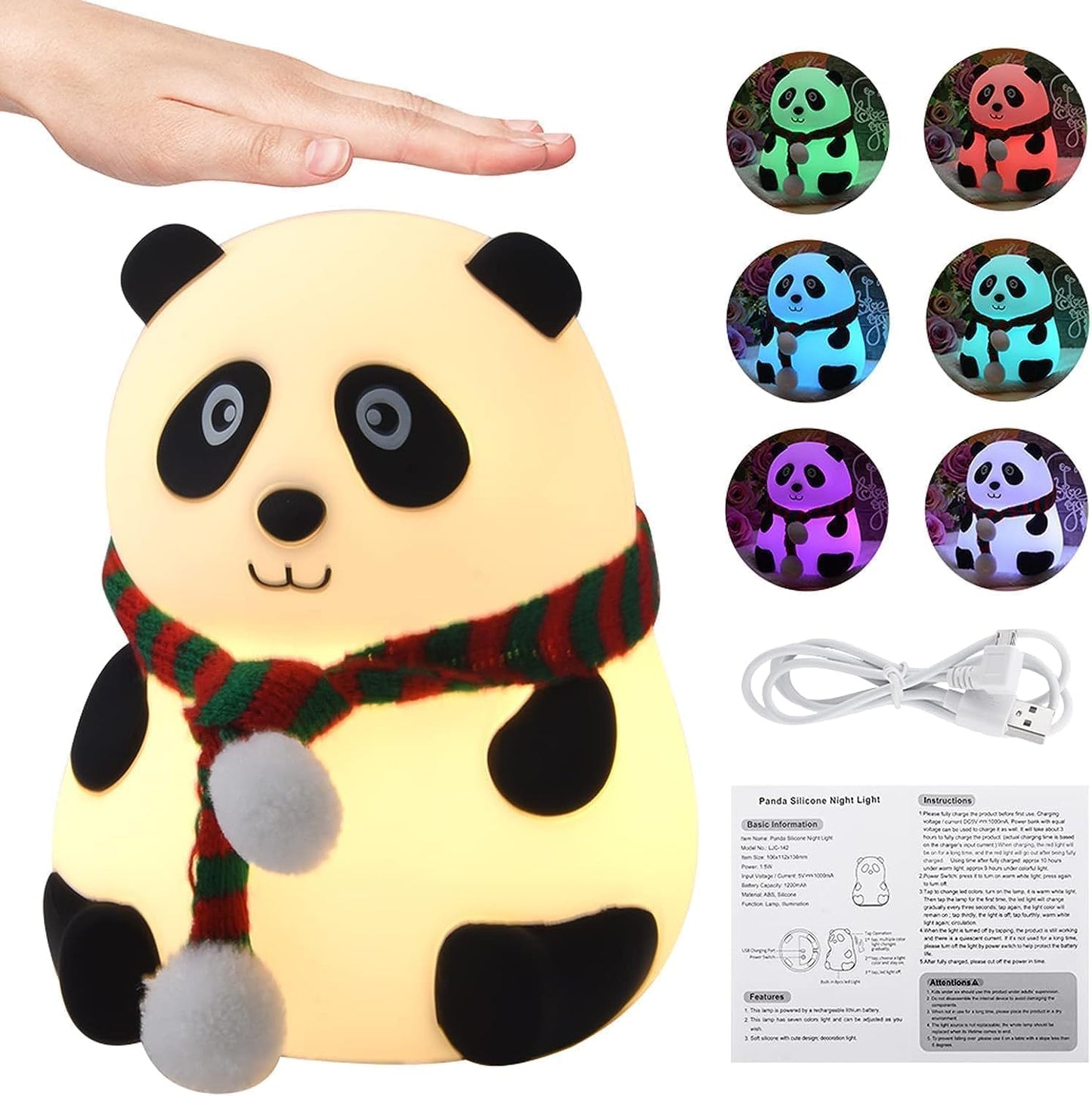 Cute Panda Lamp (Light) Rechargeable, Cute Silicone Kawaii Night Lamp for Bedroom with Touch Gesture 7 Color Changing Adorable Christmas Gift Kids, Light,Table,Beside Kids Room (Panda-Lampled, White)
