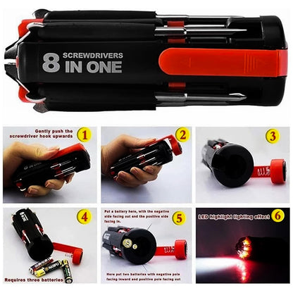 8 In 1 Multi-Function Screwdriver Kit With LED Portable Torch