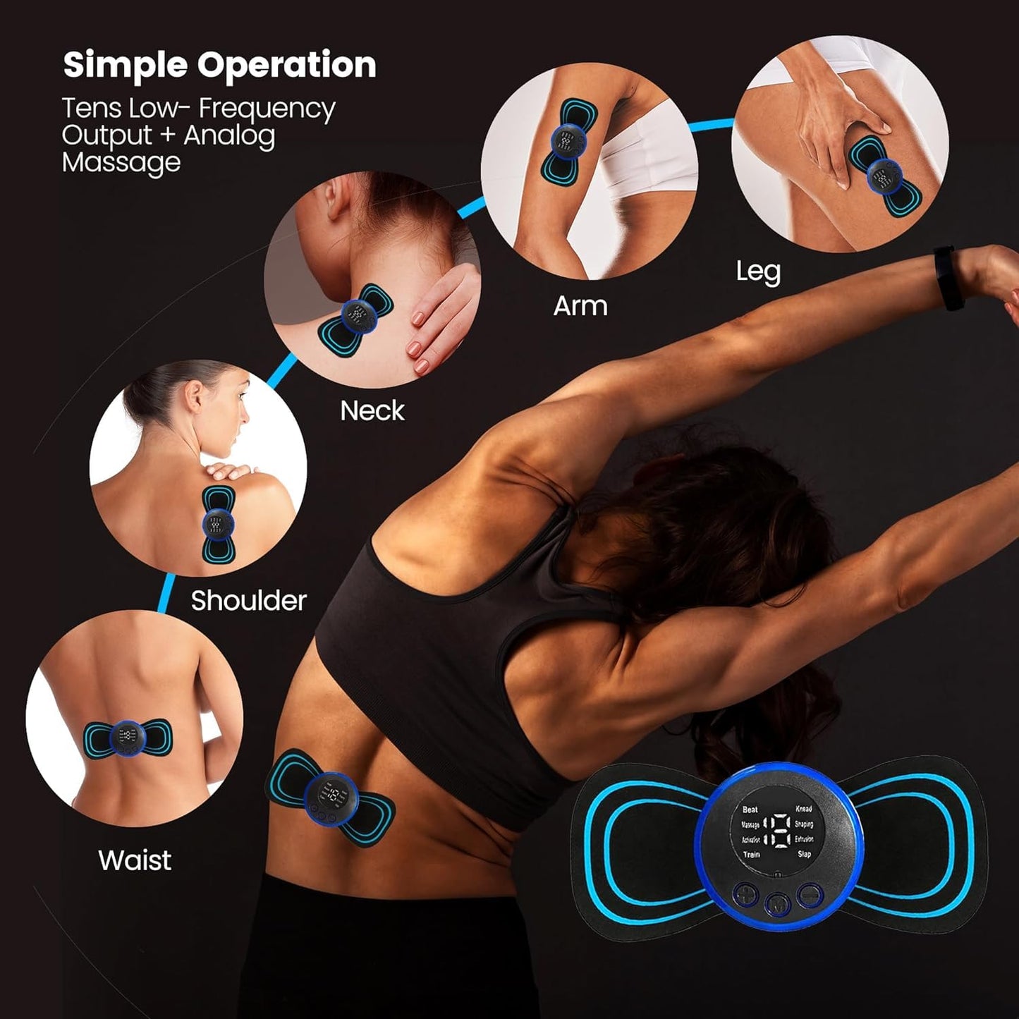 LC SUPPORT (Life Care Sports & Surgicals) Wireless EMS Mini Body Massager Machine Portable Butterfly Massager for Blood Circulation, Pain Relief with 8 Modes & 19 Strength Levels (Mini Massager)