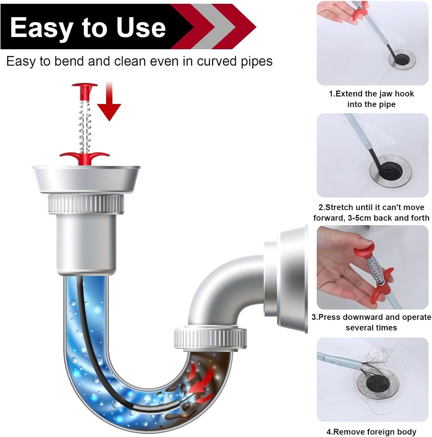 HILIX 2 Pieces Sink and Drains 90/160 cm Professional Spring Pipe Cleaner Cleaning Claw Plunger Pipe Draining Probe Drain Cleaner Hook for Bathtub Kitchen Sink