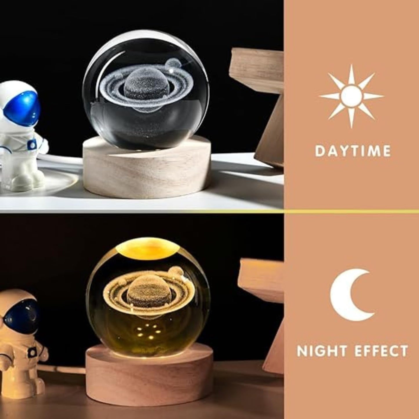 3D Crystal Ball Night Light Creative Engraved Aesthetic Ball Dim Night Lamp, USB Powered Bed Table Lamp LED Wooden Base for Home Decoration, Birthday, Gifts, Teens
