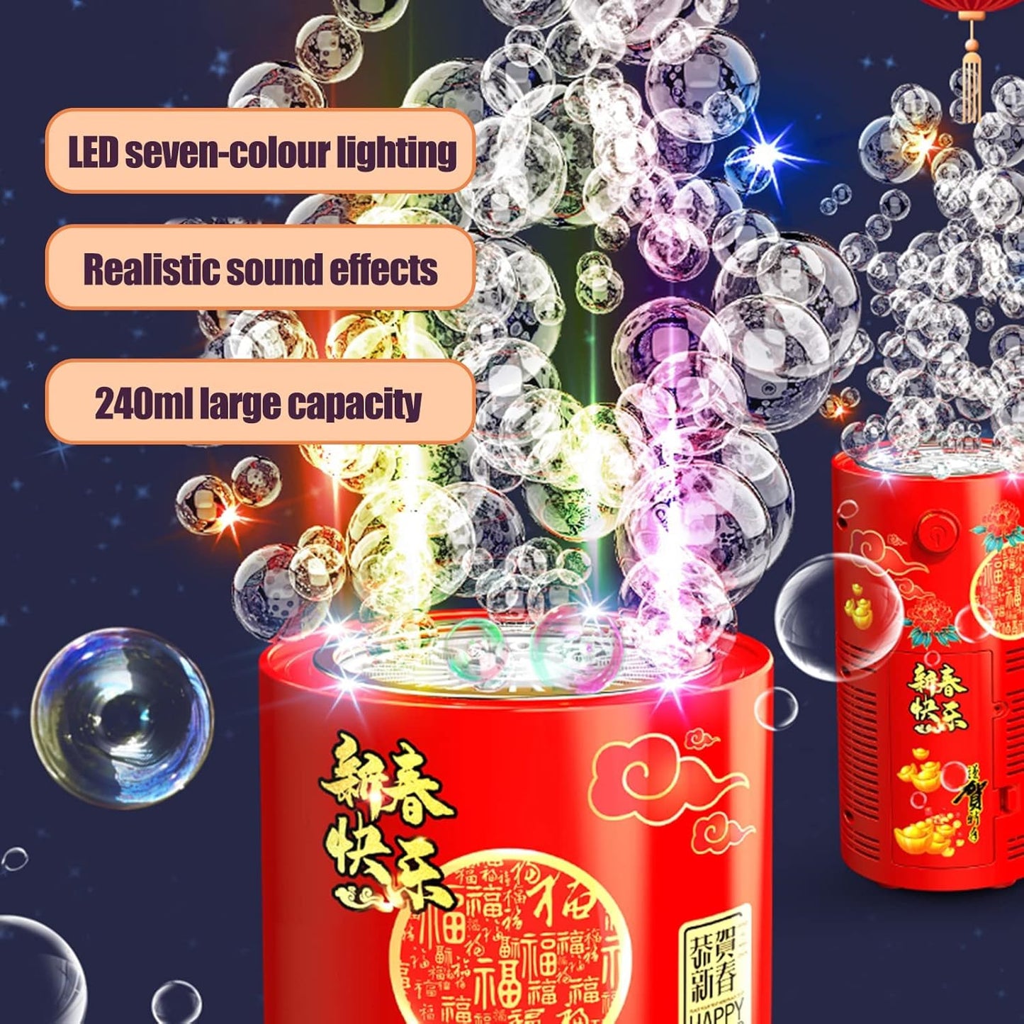 Kids Electric Bubble Machine with LED Lights and Music Automatic Firework Bubble Toy (80ml Solution Included) Portable for Indoor and Outdoor Birthday Parties, Weddings, Camping